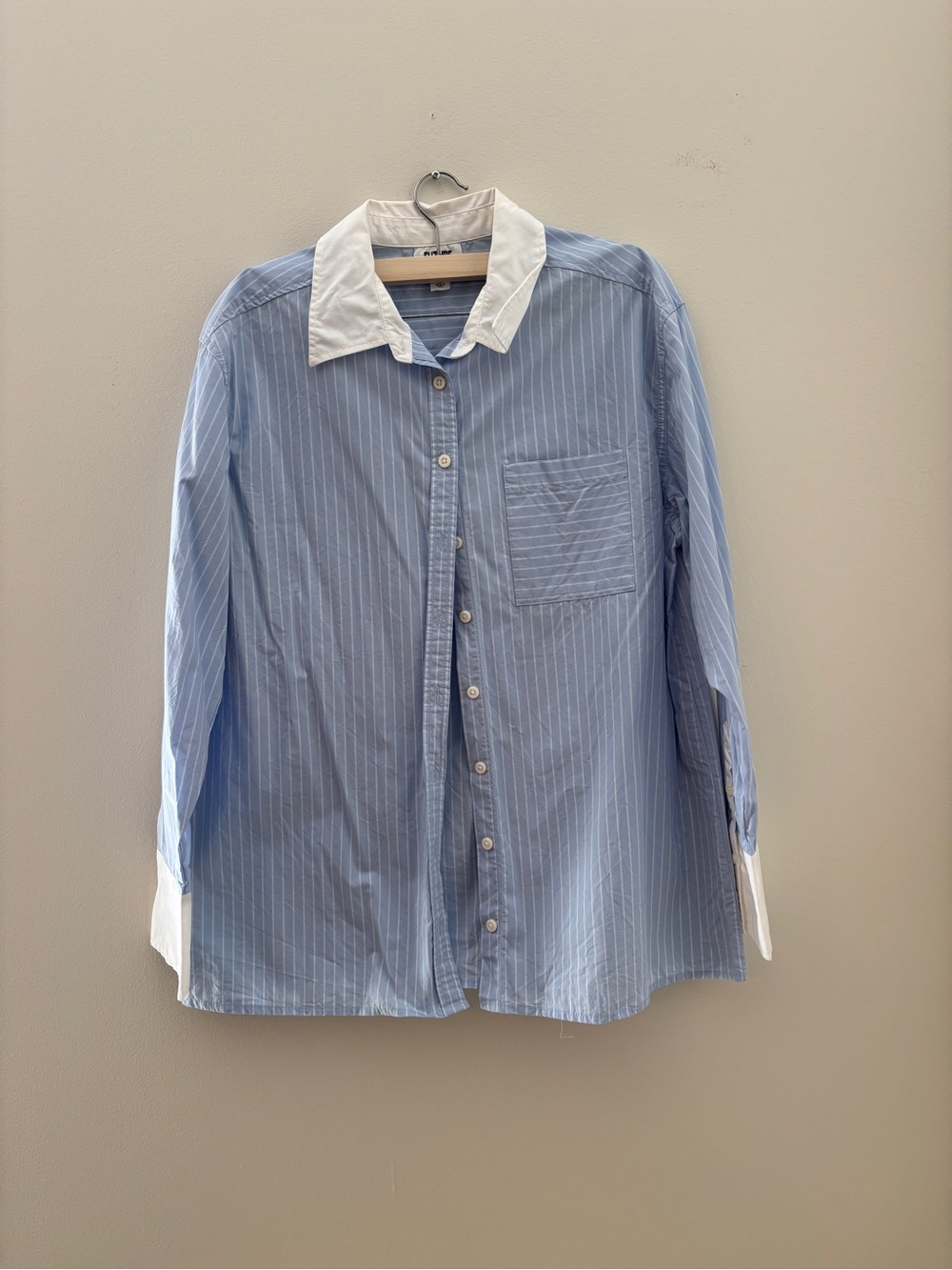 Blue Pinstripe Button-Down Shirt with White Contrast Collar
